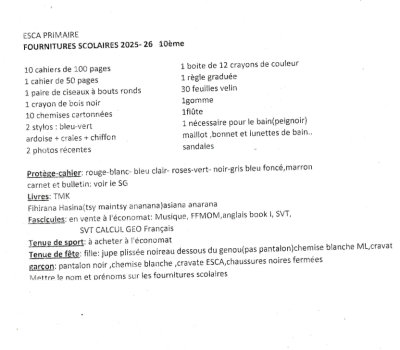 LISTES DES FOURNITURES SCOLAIRE CLASSE DE 10è