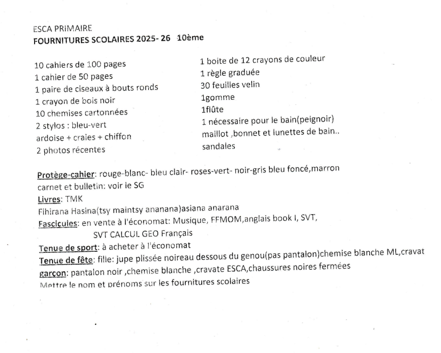 LISTES DES FOURNITURES SCOLAIRE CLASSE DE 10è
