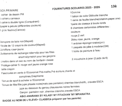LISTES DES FOURNITURES SCOLAIRE CLASSE DE 13è