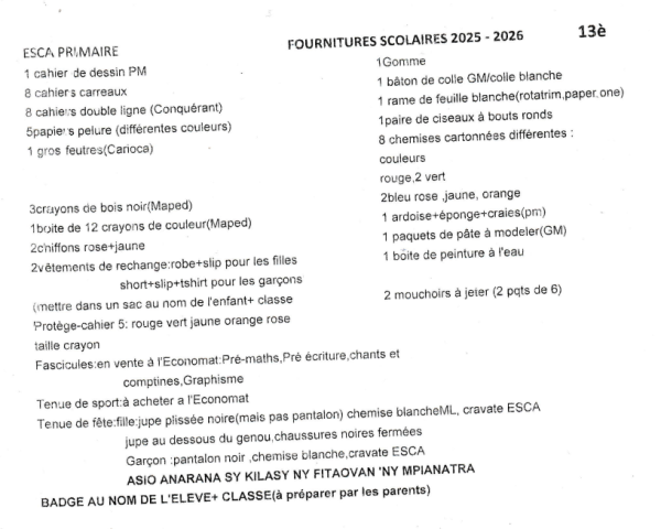 LISTES DES FOURNITURES SCOLAIRE CLASSE DE 13è