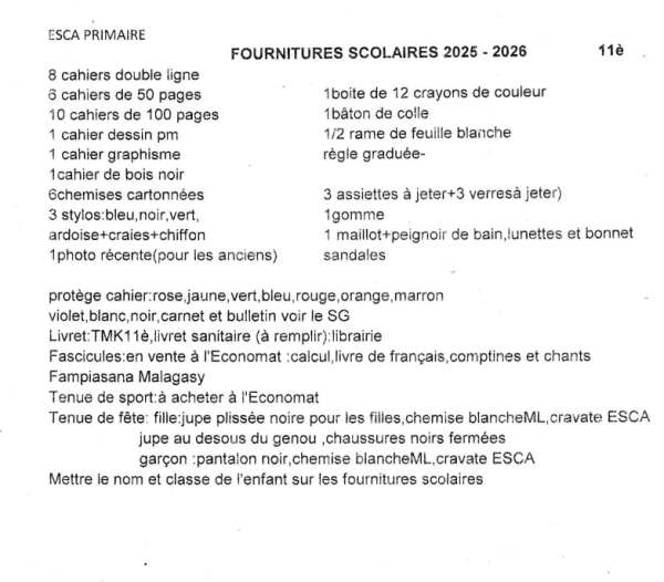 LISTES DES FOURNITURES SCOLAIRE CLASSE DE 11è