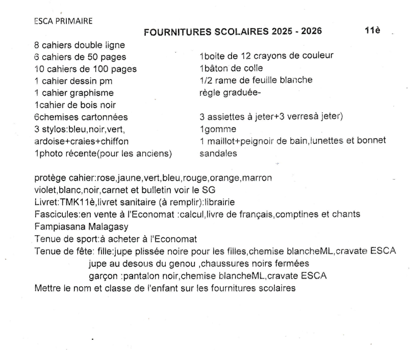LISTES DES FOURNITURES SCOLAIRE CLASSE DE 11è