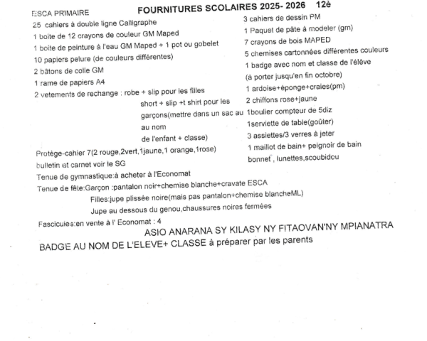 LISTES DES FOURNITURES SCOLAIRE CLASSE DE 12è