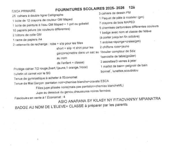 LISTES DES FOURNITURES SCOLAIRE CLASSE DE 12è
