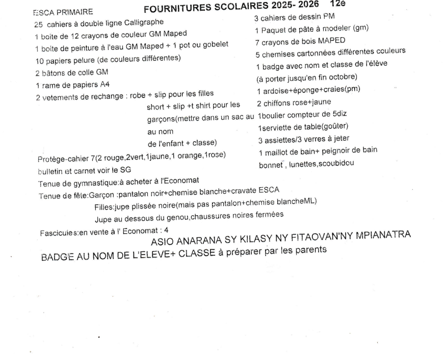 LISTES DES FOURNITURES SCOLAIRE CLASSE DE 12è