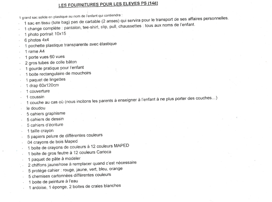 LISTES DES FOURNITURES SCOLAIRE CLASSE DE 14è