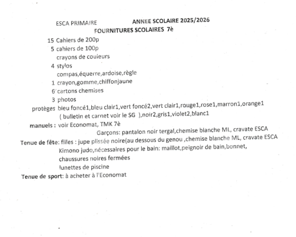 LISTES DES FOURNITURES SCOLAIRE CLASSE DE 7è