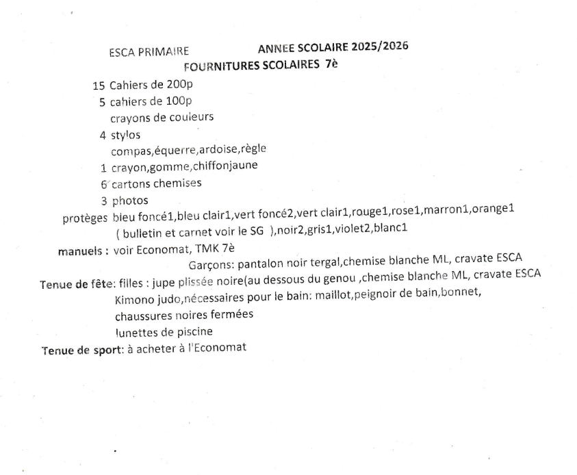 LISTES DES FOURNITURES SCOLAIRE CLASSE DE 7è