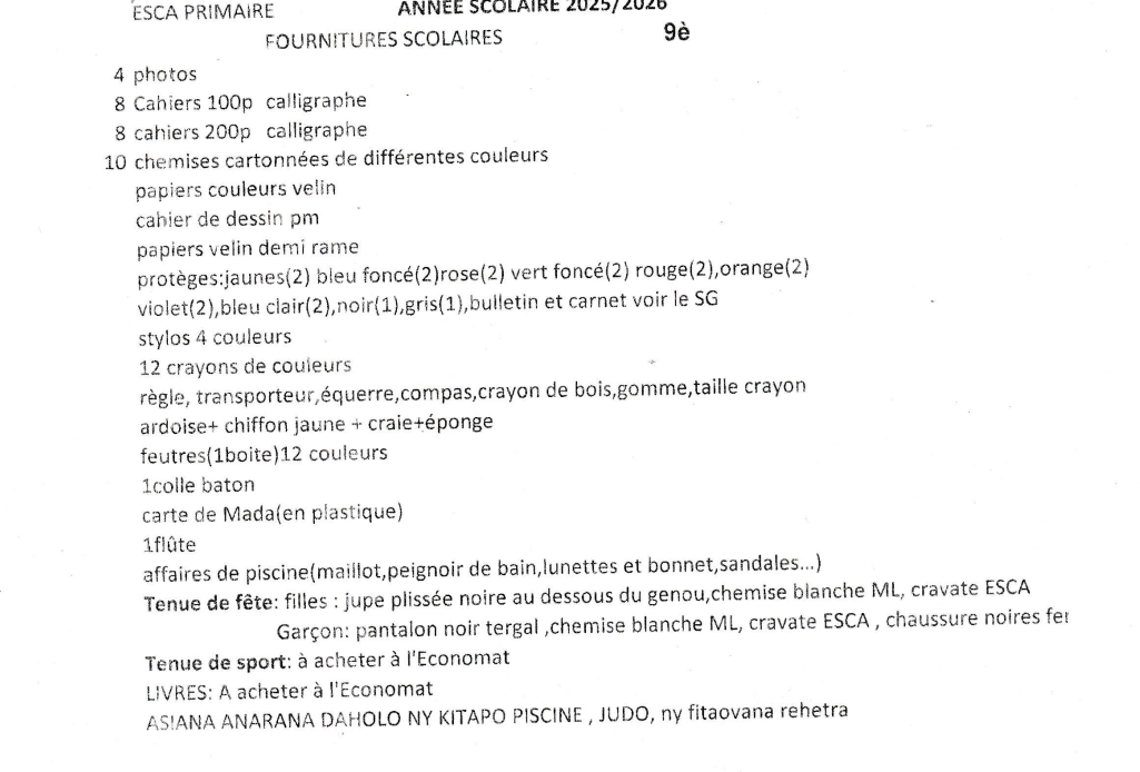 LISTES DES FOURNITURES SCOLAIRE CLASSE DE 9è