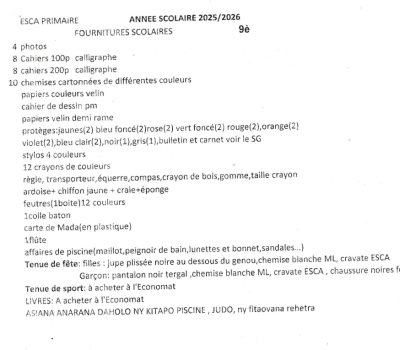 LISTES DES FOURNITURES SCOLAIRE CLASSE DE 9è